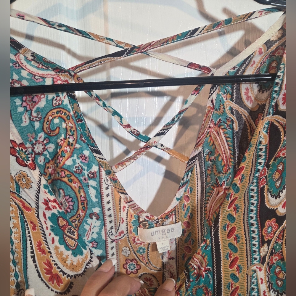 Umgee Boho Paisley Mini Dress in Mustard, Teal & Rust - Picture 5 of 9